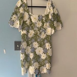 Never worn, green, blue and white floral lace dress. Beautiful for any event!